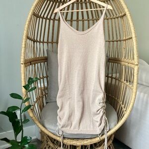 Beige Tan Mini Ruched Sweater Knit Dress Tropical Vacation US M/L Stretchy Cozy
